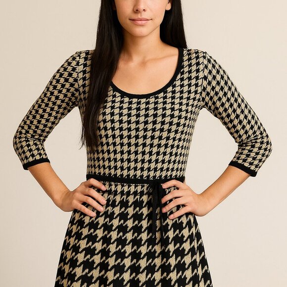 Nina Leonard XL Houndstooth Sweater Dress Tie Belt Black Beige Mod Retro Look - Picture 1 of 7